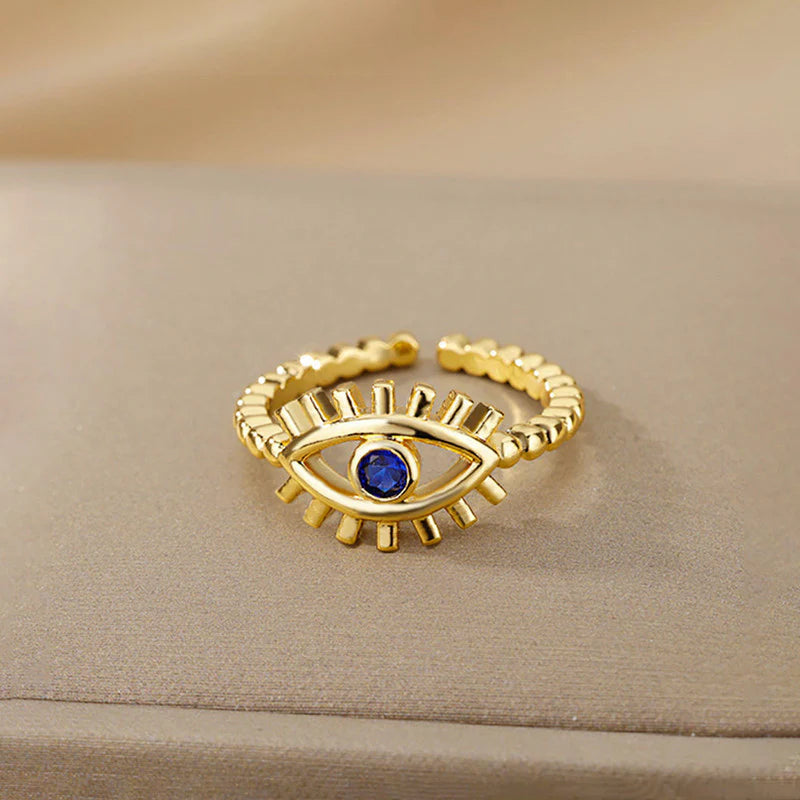Gold Evil Eye Adjustable Ring with Blue Stone