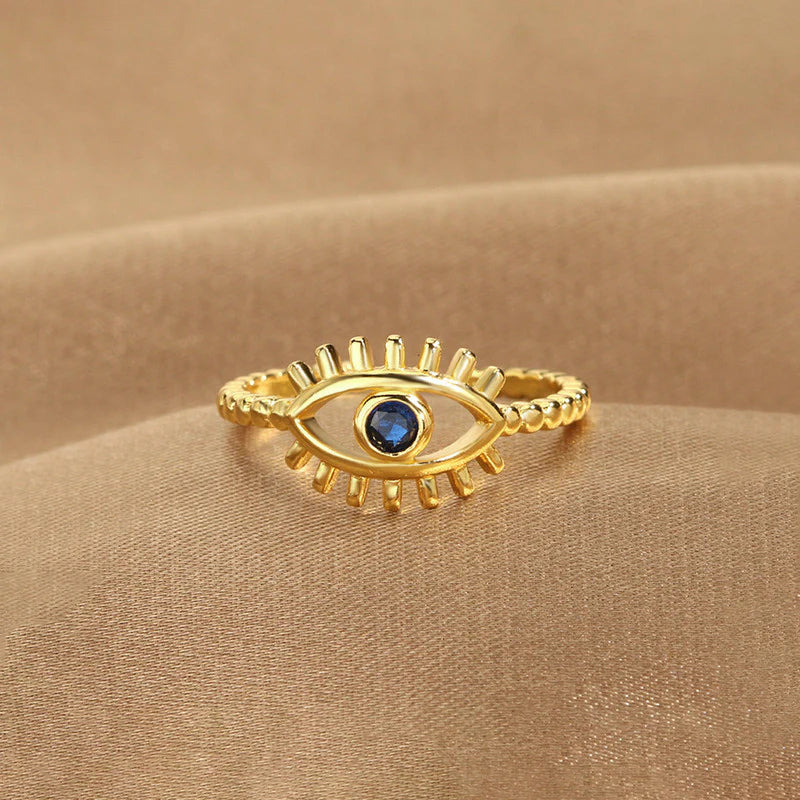 Gold Evil Eye Adjustable Ring with Blue Stone