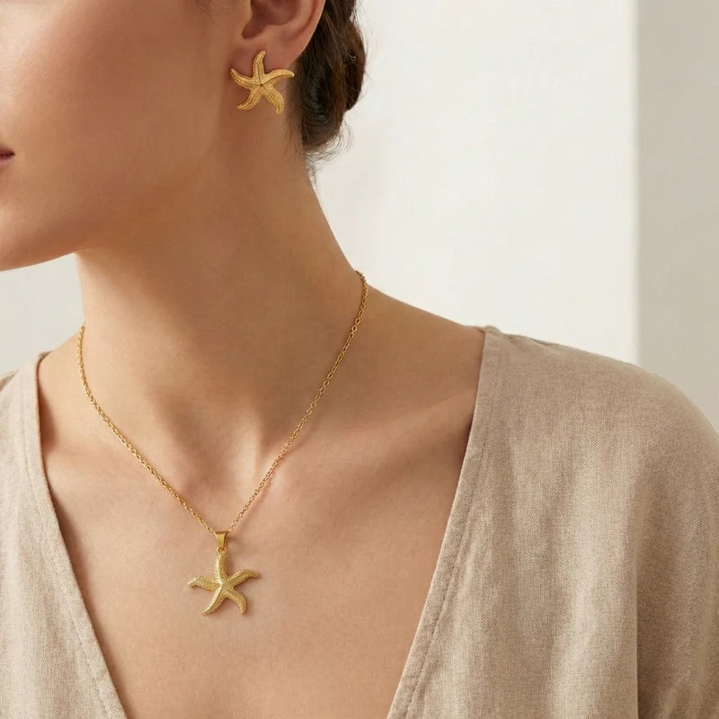 Ocean Starfish Anti-Tarnish Gold Necklace & Stud Earrings Set