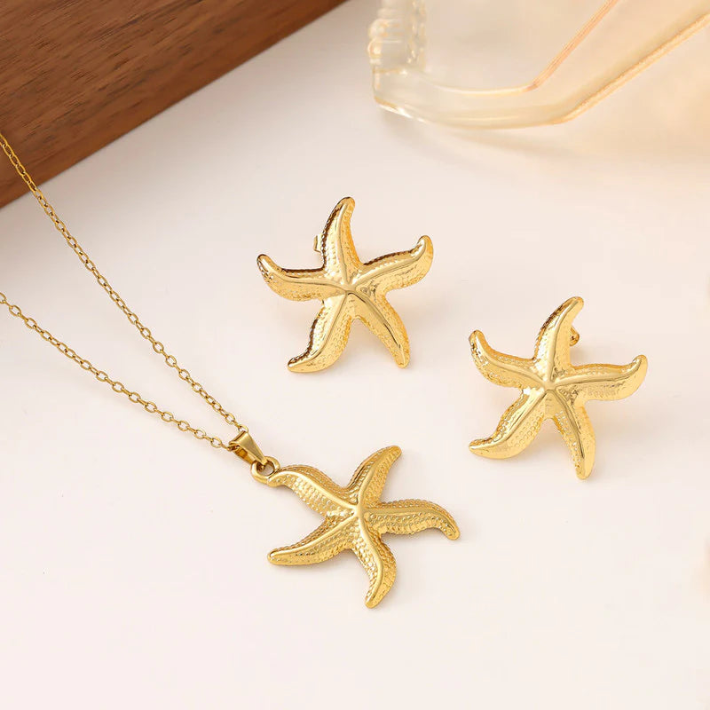 Ocean Starfish Anti-Tarnish Gold Necklace & Stud Earrings Set