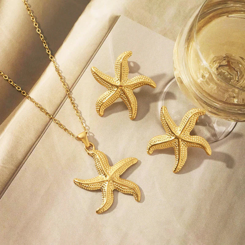 Ocean Starfish Anti-Tarnish Gold Necklace & Stud Earrings Set