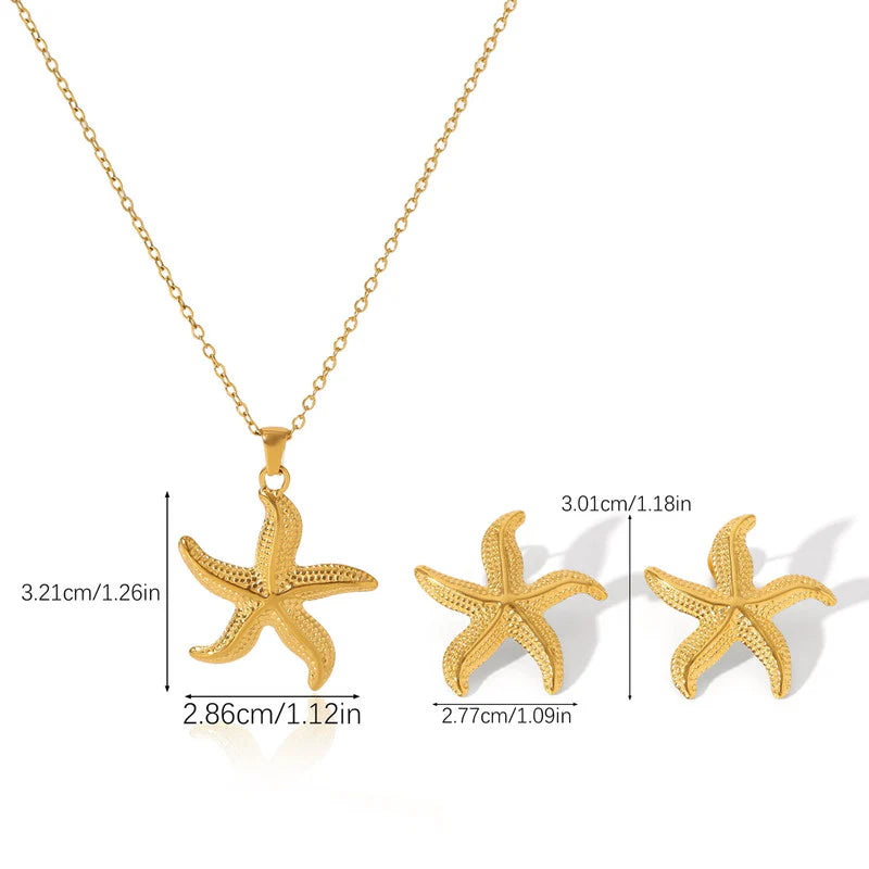 Ocean Starfish Anti-Tarnish Gold Necklace & Stud Earrings Set