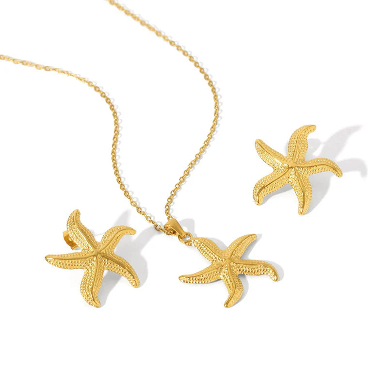 Ocean Starfish Anti-Tarnish Gold Necklace & Stud Earrings Set