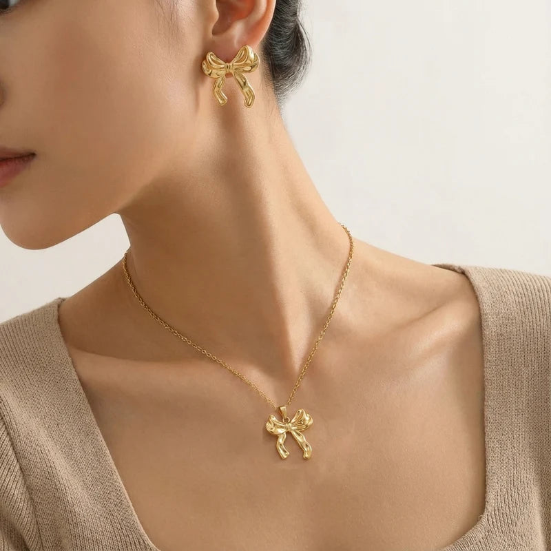 Elegant Bow Anti-Tarnish Gold Necklace & Stud Earrings Set