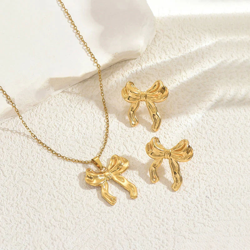 Elegant Bow Anti-Tarnish Gold Necklace & Stud Earrings Set