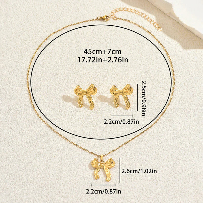Elegant Bow Anti-Tarnish Gold Necklace & Stud Earrings Set