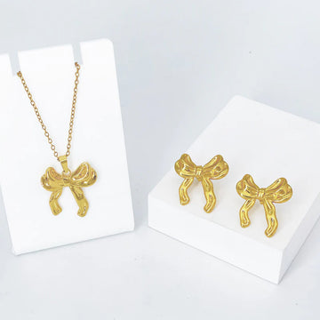 Elegant Bow Anti-Tarnish Gold Necklace & Stud Earrings Set
