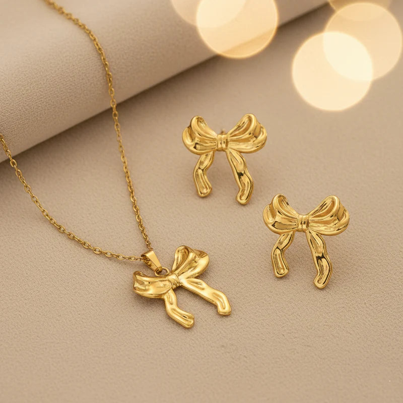 Elegant Bow Anti-Tarnish Gold Necklace & Stud Earrings Set