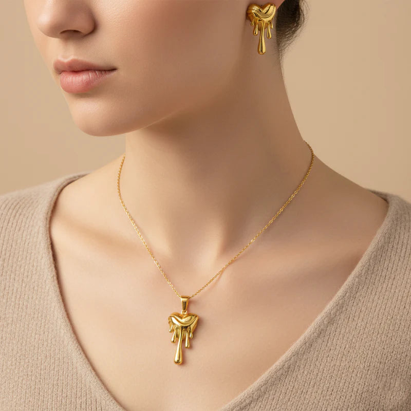 Dripping Heart Anti-Tarnish Gold Necklace & Earrings Set
