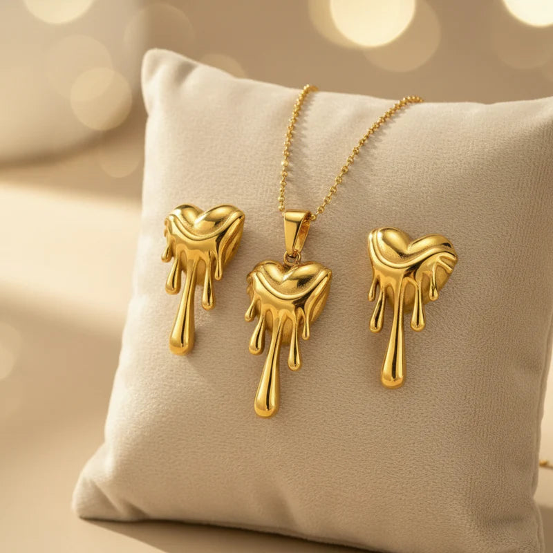 Dripping Heart Anti-Tarnish Gold Necklace & Earrings Set