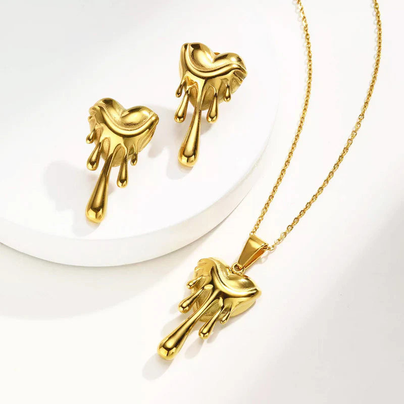 Dripping Heart Anti-Tarnish Gold Necklace & Earrings Set