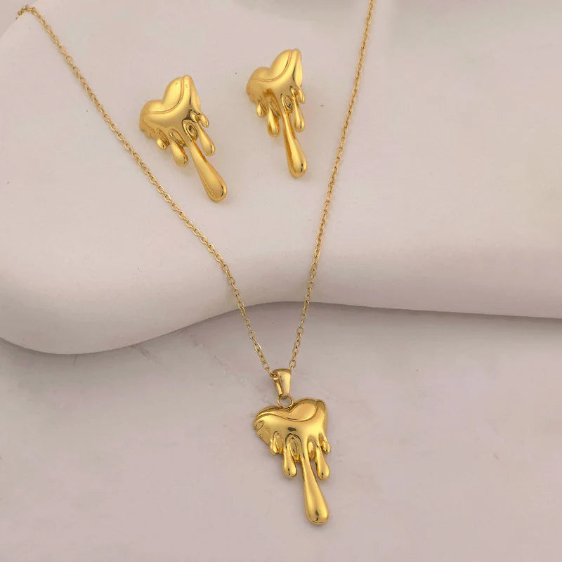 Dripping Heart Anti-Tarnish Gold Necklace & Earrings Set