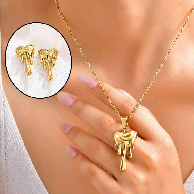 Dripping Heart Anti-Tarnish Gold Necklace & Earrings Set