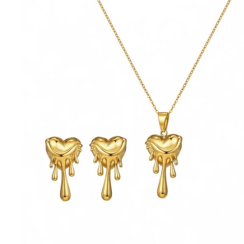 Dripping Heart Anti-Tarnish Gold Necklace & Earrings Set