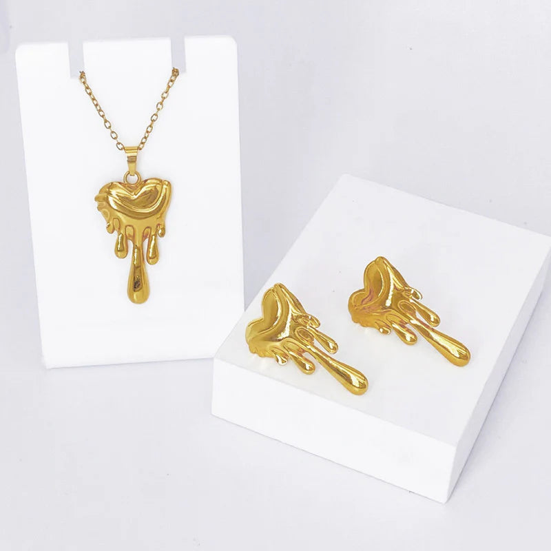 Dripping Heart Anti-Tarnish Gold Necklace & Earrings Set