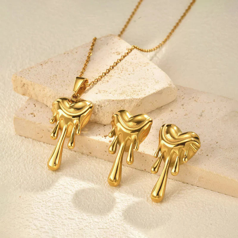 Dripping Heart Anti-Tarnish Gold Necklace & Earrings Set