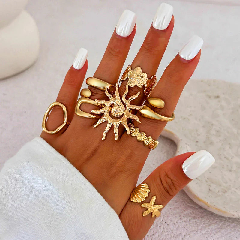 Celestial Coastal Gold-Plated Ring Set for Women (Set of 8)