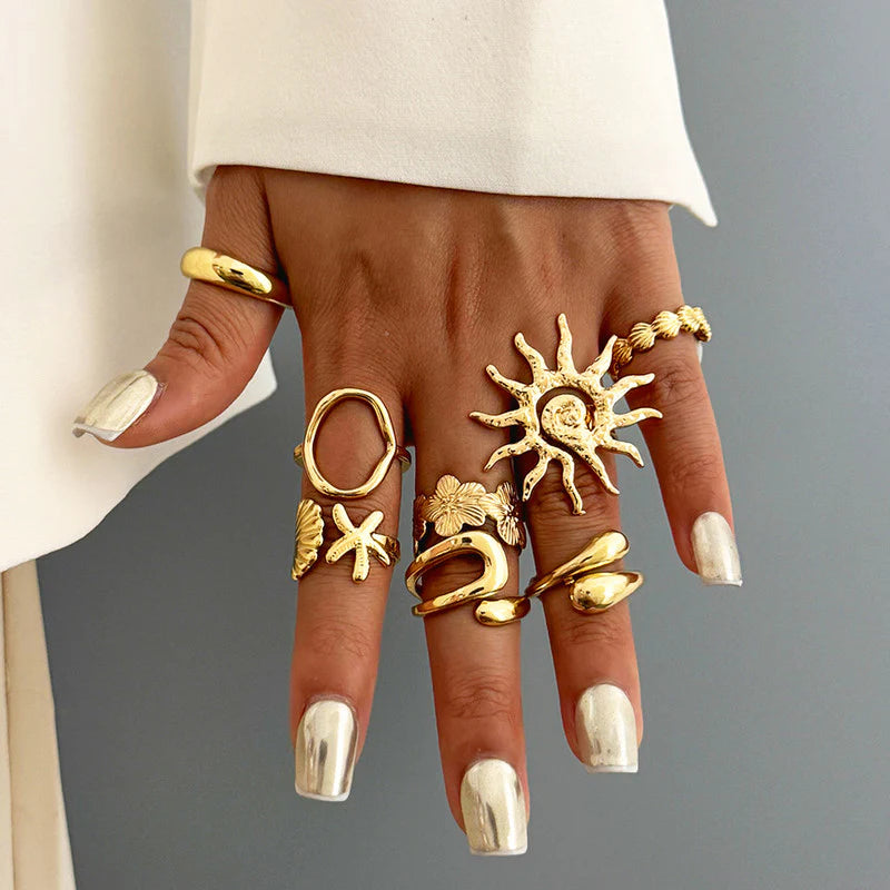 Celestial Coastal Gold-Plated Ring Set for Women (Set of 8)