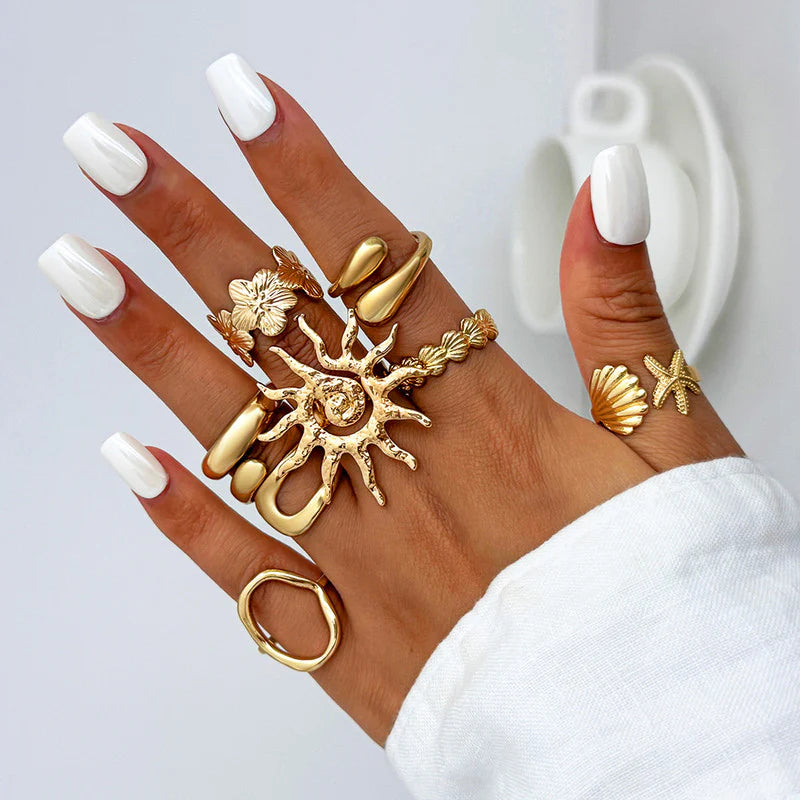 Celestial Coastal Gold-Plated Ring Set for Women (Set of 8)