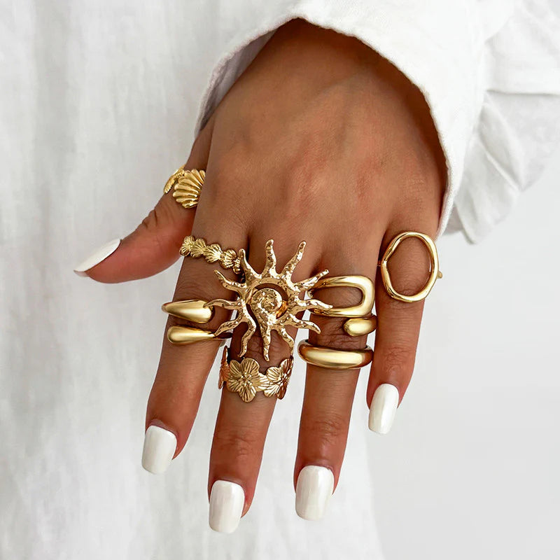 Celestial Coastal Gold-Plated Ring Set for Women (Set of 8)