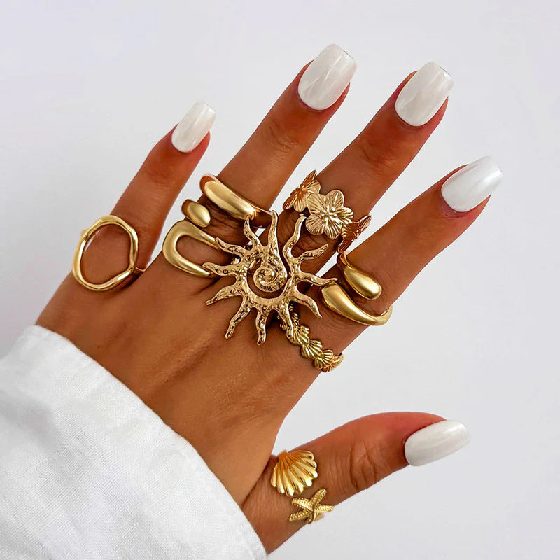 Celestial Coastal Gold-Plated Ring Set for Women (Set of 8)