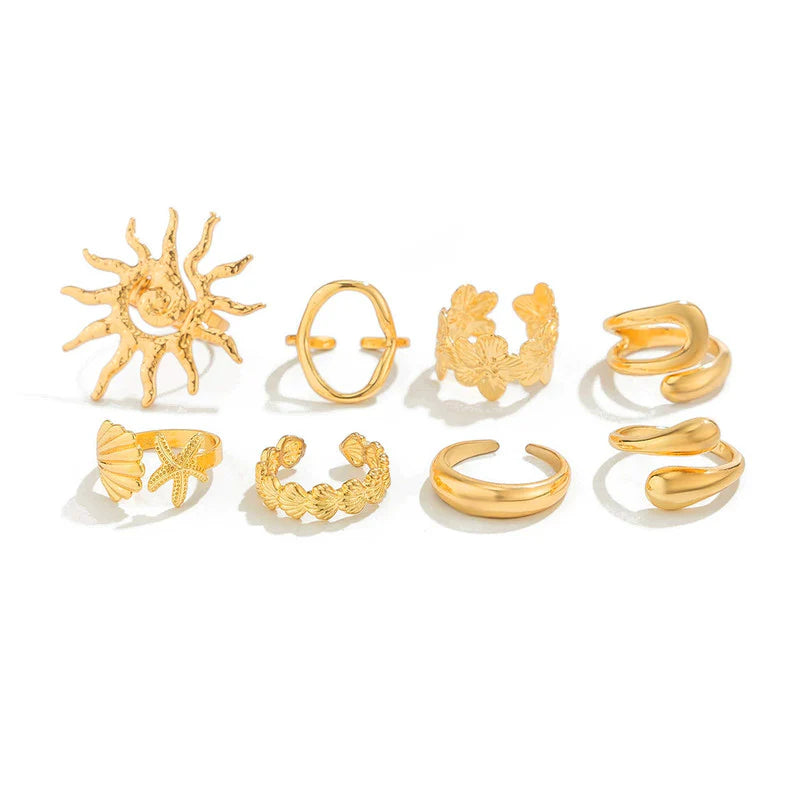 Celestial Coastal Gold-Plated Ring Set for Women (Set of 8)