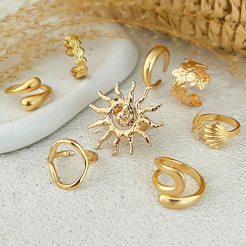 Celestial Coastal Gold-Plated Ring Set for Women (Set of 8)
