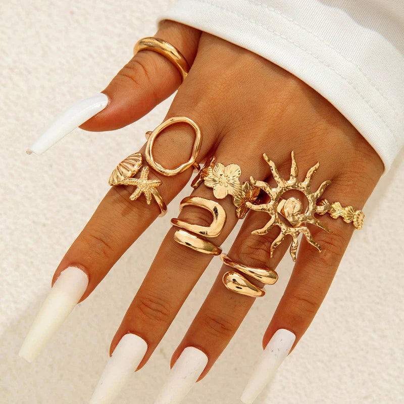Celestial Coastal Gold-Plated Ring Set for Women (Set of 8)