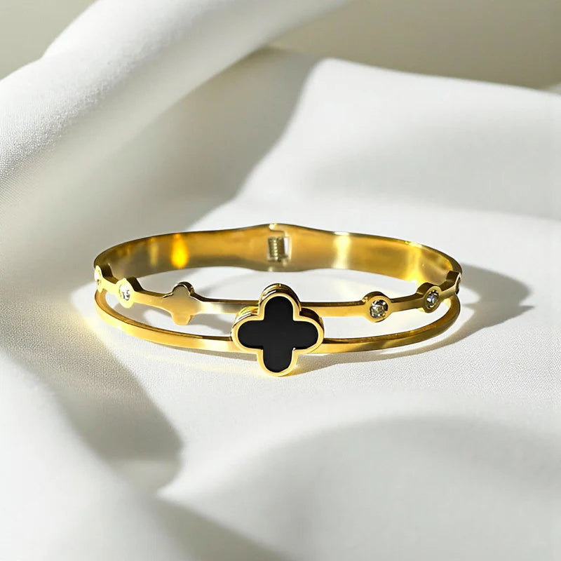 Noir Clover Anti-Tarnish Gold-Plated Stainless Steel Bangle Bracelet