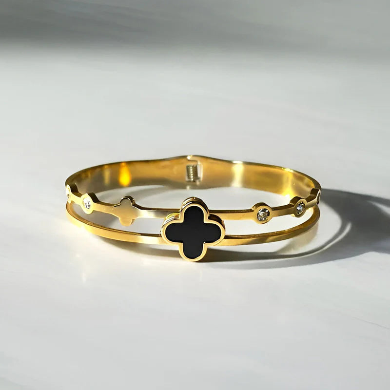 Noir Clover Anti-Tarnish Gold-Plated Stainless Steel Bangle Bracelet