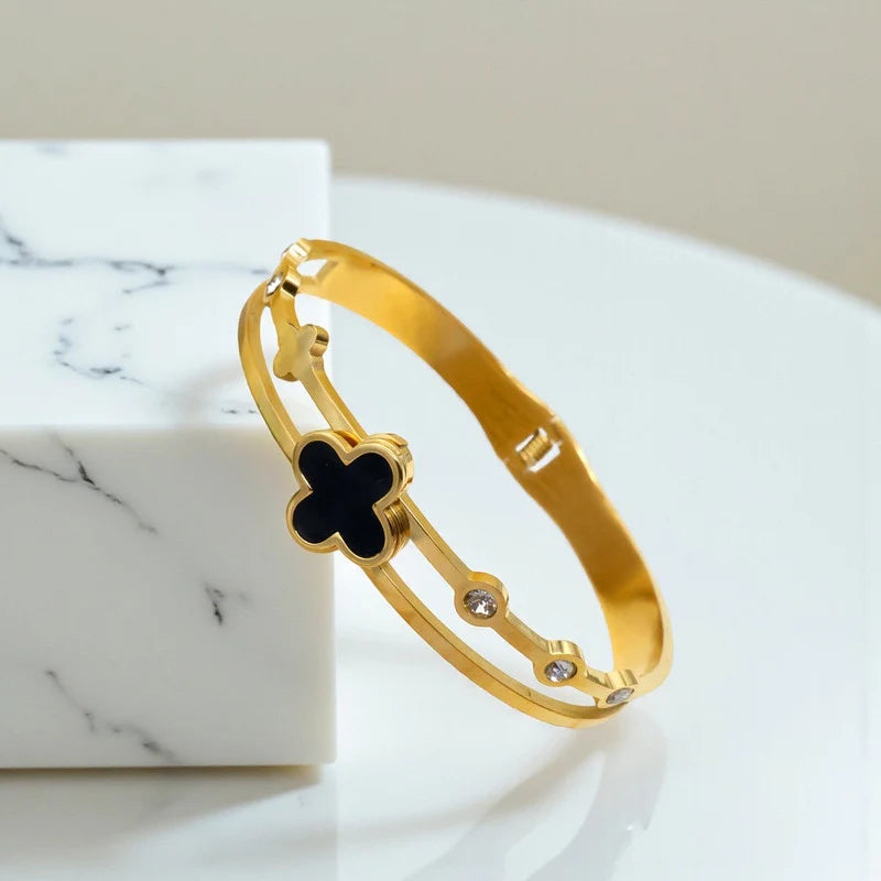 Noir Clover Anti-Tarnish Gold-Plated Stainless Steel Bangle Bracelet