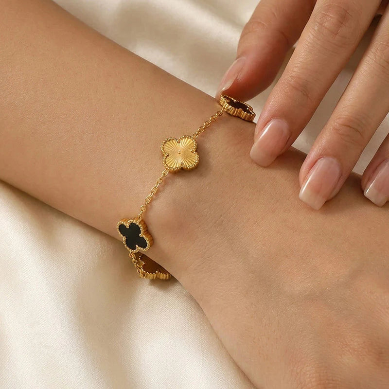 Gold Plated Anti-Tarnish Black Clover Charm Bracelet