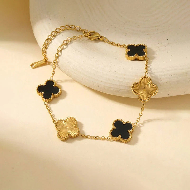 Gold Plated Anti-Tarnish Black Clover Charm Bracelet