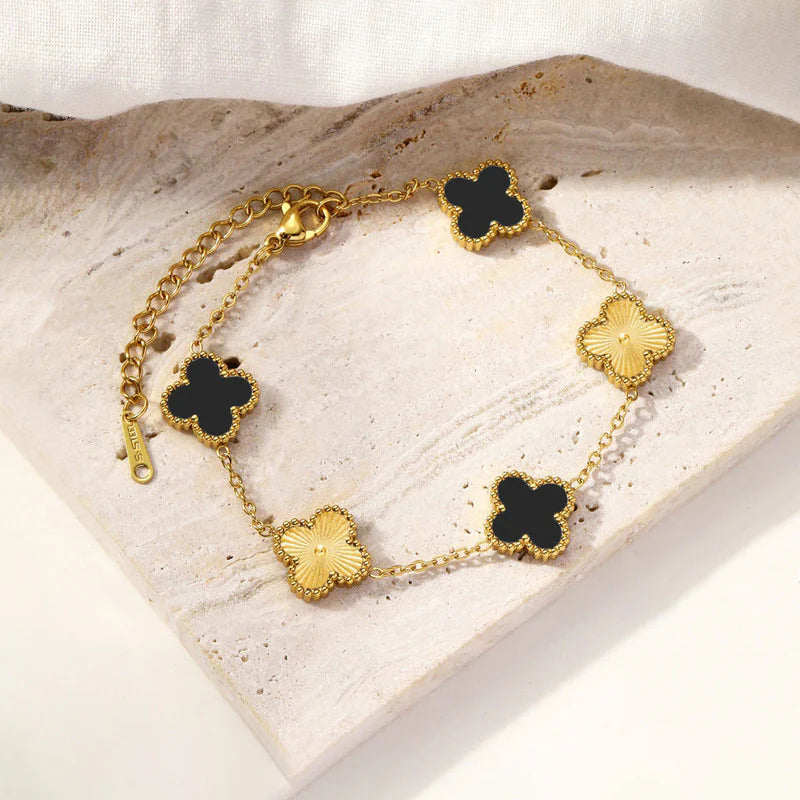 Gold Plated Anti-Tarnish Black Clover Charm Bracelet