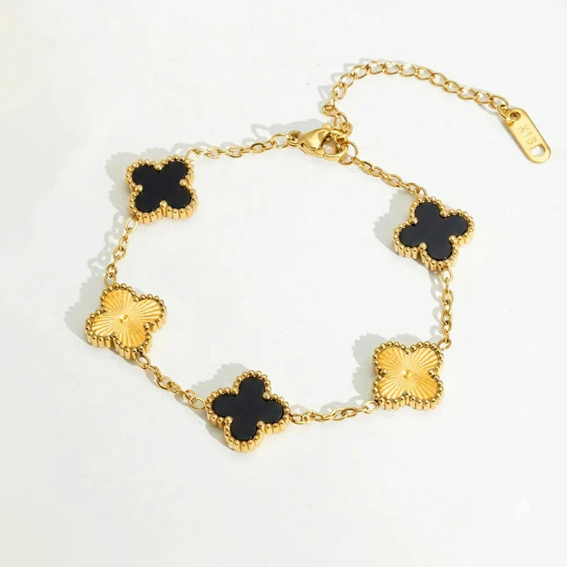 Gold Plated Anti-Tarnish Black Clover Charm Bracelet