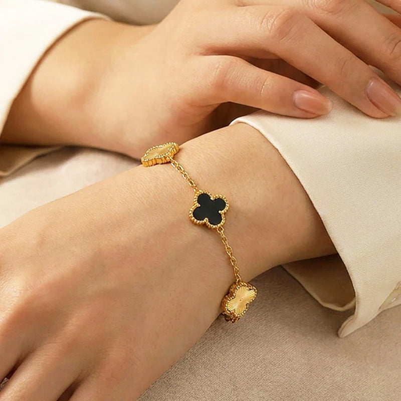 Gold Plated Anti-Tarnish Black Clover Charm Bracelet