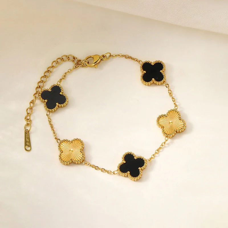 Gold Plated Anti-Tarnish Black Clover Charm Bracelet
