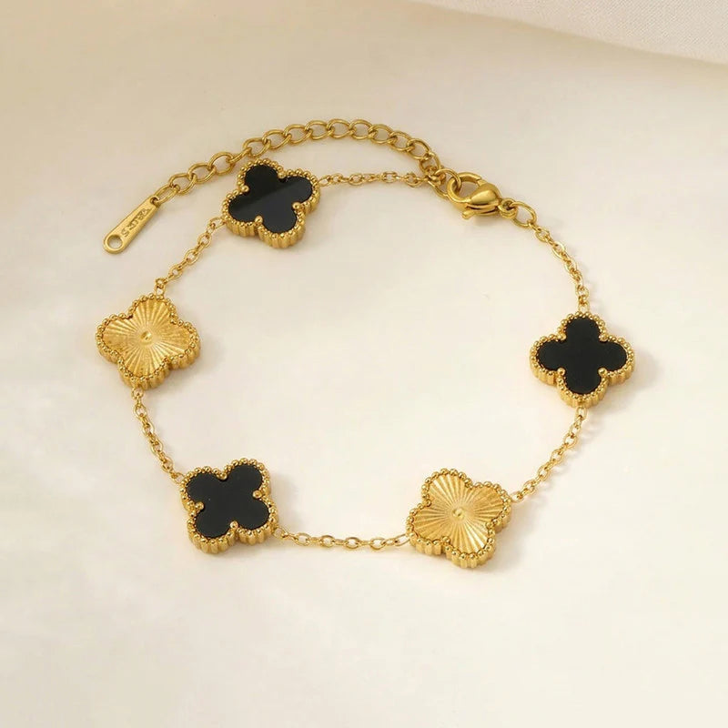 Gold Plated Anti-Tarnish Black Clover Charm Bracelet