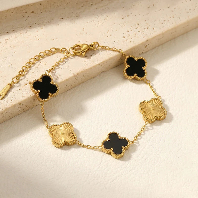 Gold Plated Anti-Tarnish Black Clover Charm Bracelet