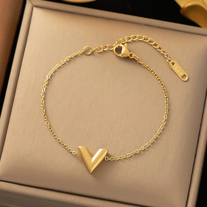 Gold Plated Anti-Tarnish V Charm Bracelet