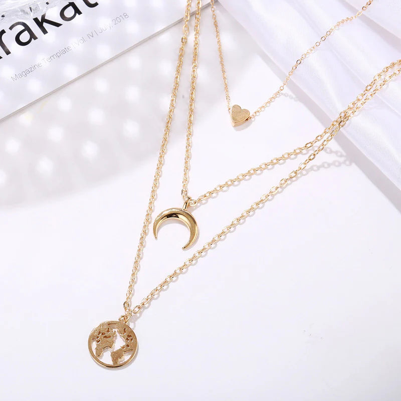 Gold Plated Anti-Tarnish Layered Heart & Moon Pendant Necklace