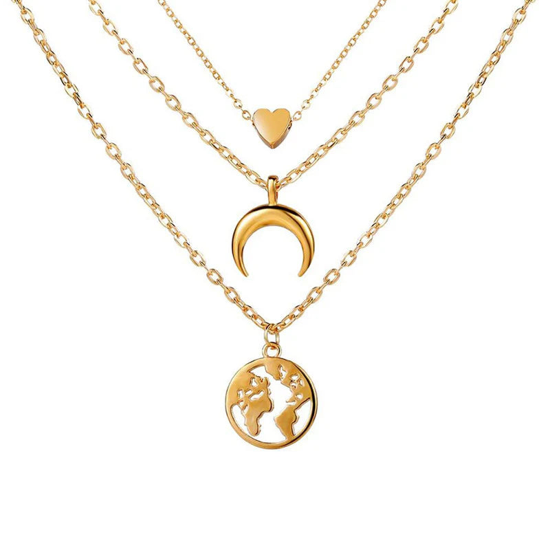 Gold Plated Anti-Tarnish Layered Heart & Moon Pendant Necklace