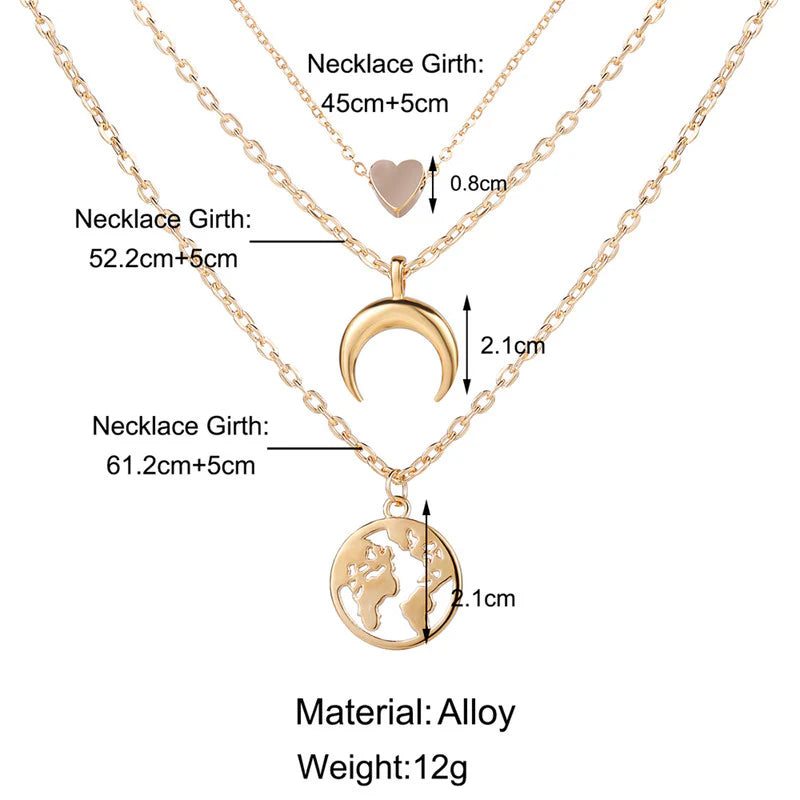 Gold Plated Anti-Tarnish Layered Heart & Moon Pendant Necklace