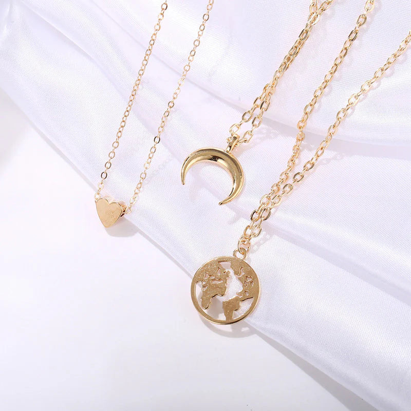 Gold Plated Anti-Tarnish Layered Heart & Moon Pendant Necklace
