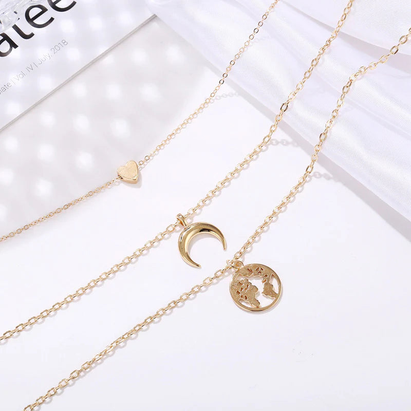 Gold Plated Anti-Tarnish Layered Heart & Moon Pendant Necklace