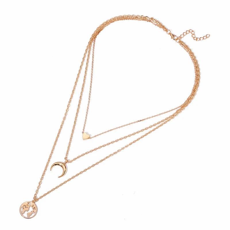 Gold Plated Anti-Tarnish Layered Heart & Moon Pendant Necklace