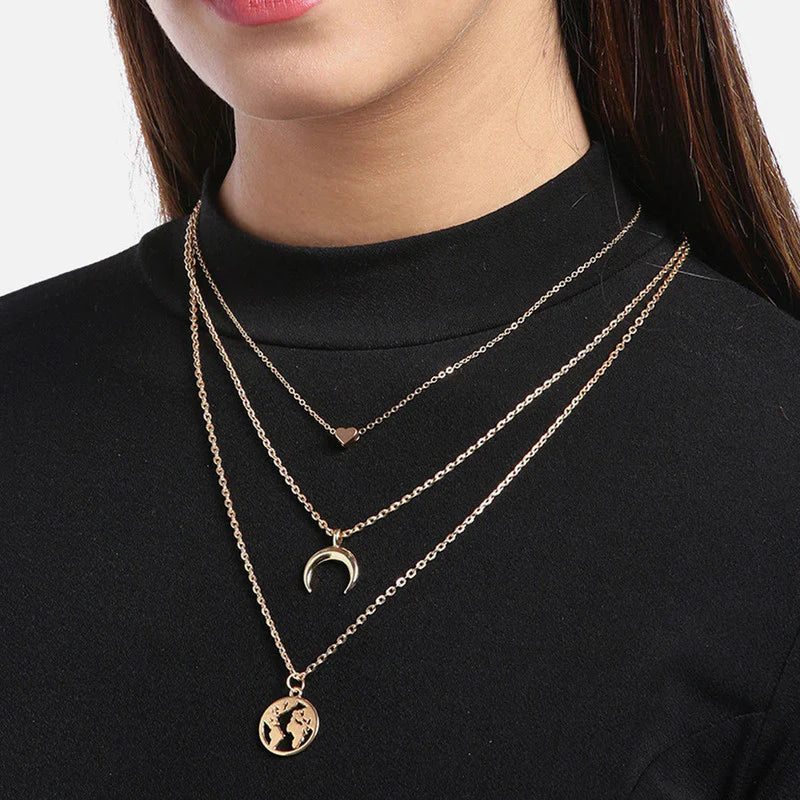 Gold Plated Anti-Tarnish Layered Heart & Moon Pendant Necklace