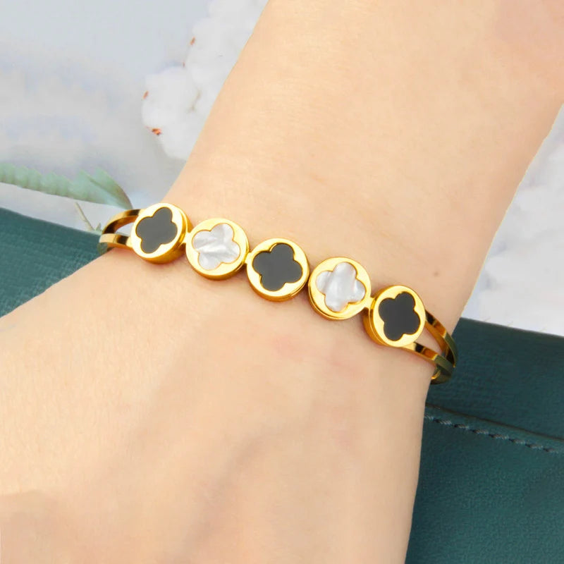 Black & White Clover Anti-Tarnish Gold Cuff Bracelet