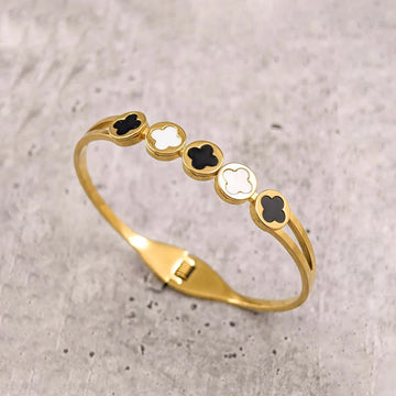Black & White Clover Anti-Tarnish Gold Cuff Bracelet