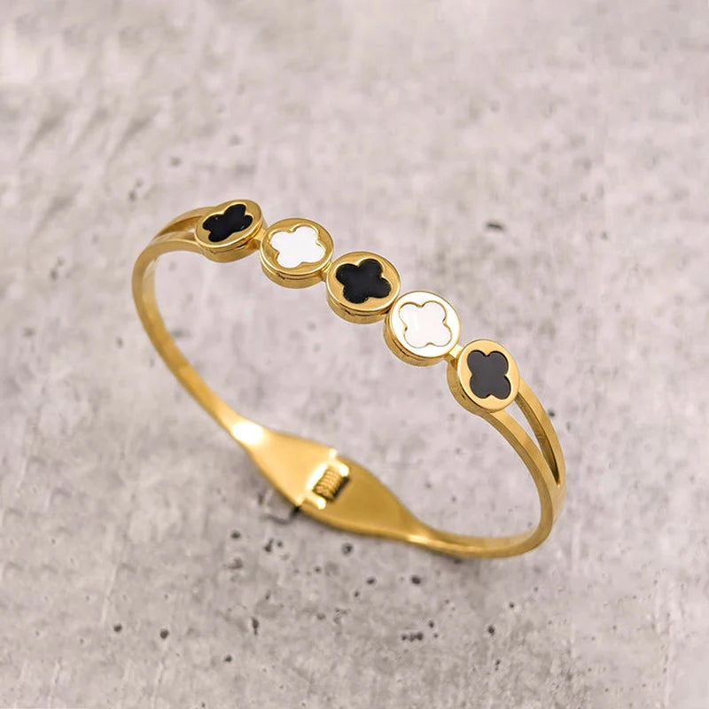 Black & White Clover Anti-Tarnish Gold Cuff Bracelet